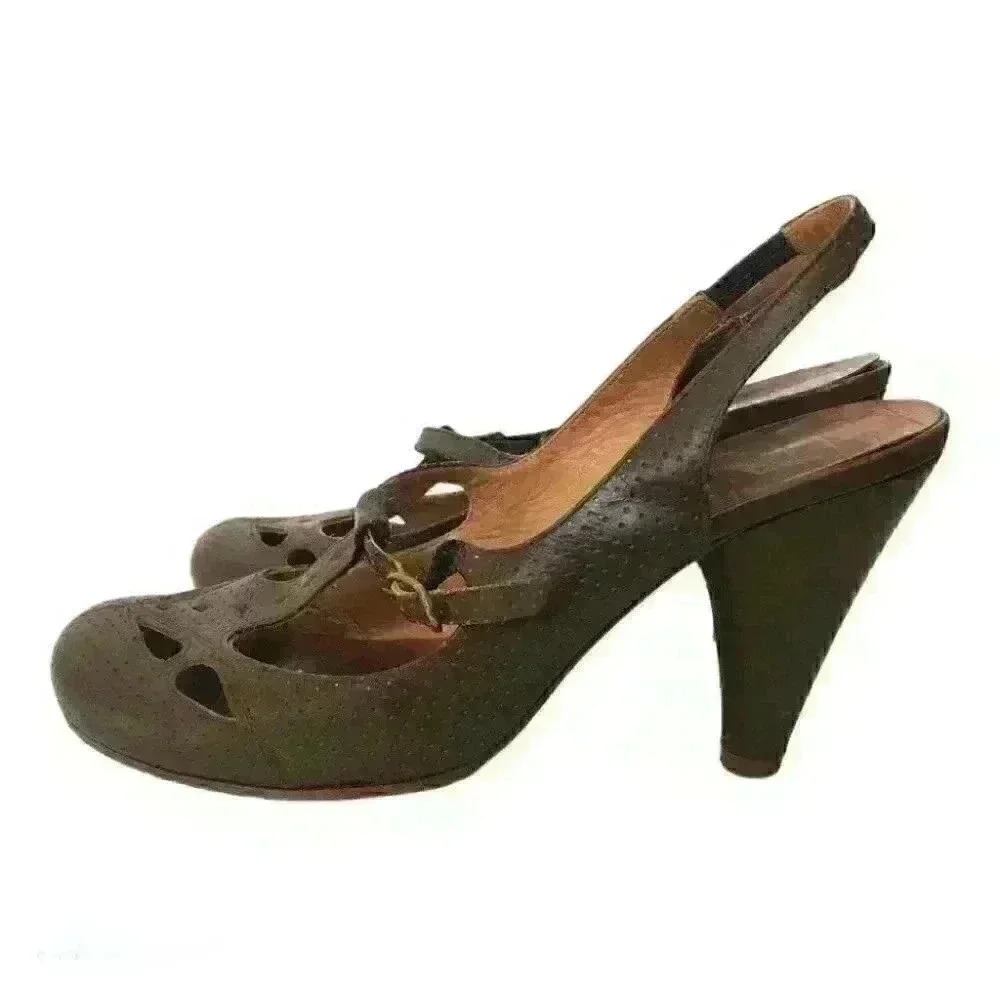 Chie Mihara T-strap Slingback Pump Heels Perforated Leather Brown